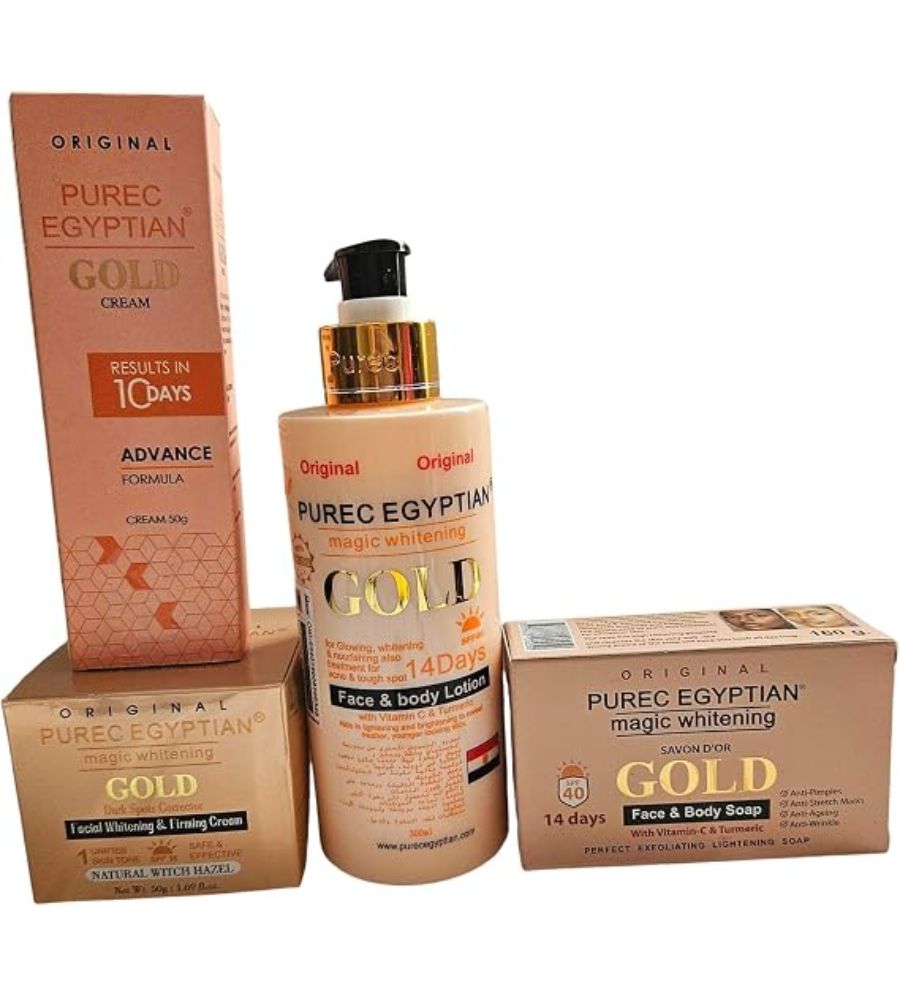 1 Pure Egyptian Gold Face & Body Lotion 14 Days Whitening 300ml + Soap 180g + Tube Cream, Face & Body Skin Brightening, Colour correction Combo - Image 1
